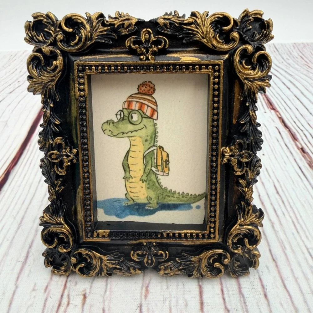 Ornate Miniature Crocodile Art Print Black Gold Resin Frame Whimsical Alligator